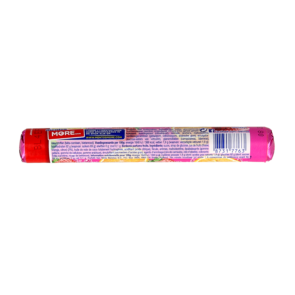 Colorful Mentos Fruit candies in a clear plastic roll, showcasing vibrant fruit-flavored chewy sweets from Mentos.