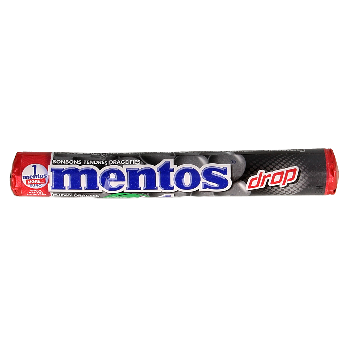 Mentos Drop 1.00 Rol candy package showing colorful Mentos candies and branding for sweet chewy treat.