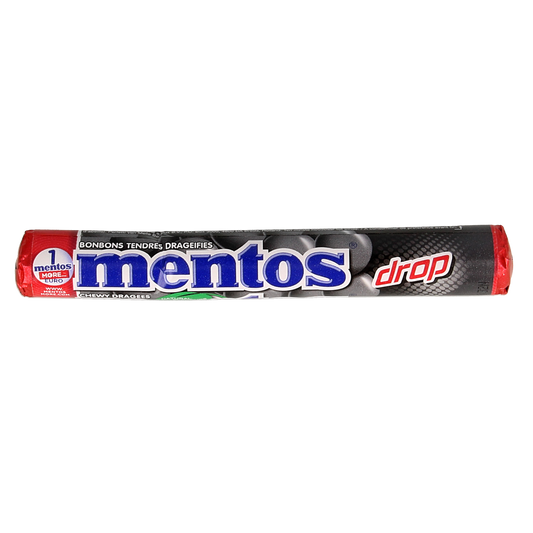 Mentos Drop 1.00 Rol candy package showing colorful Mentos candies and branding for sweet chewy treat.