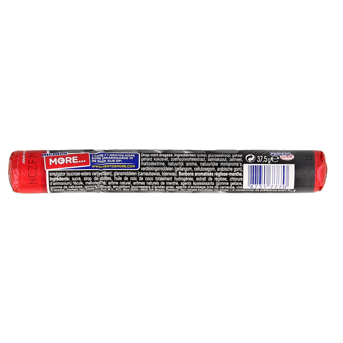 Mentos Drop 1.00 Rol candy packaging featuring colorful Mentos candies in a clear wrapper, part of the Mentos snoepgoed collection.