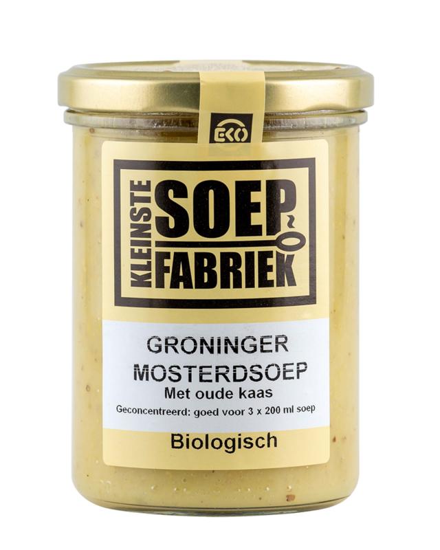Kleinstesoepfabriek Groninger bio mustard soup in a 400ml container, showcasing the soup's rich, mustard-infused broth and packaging.