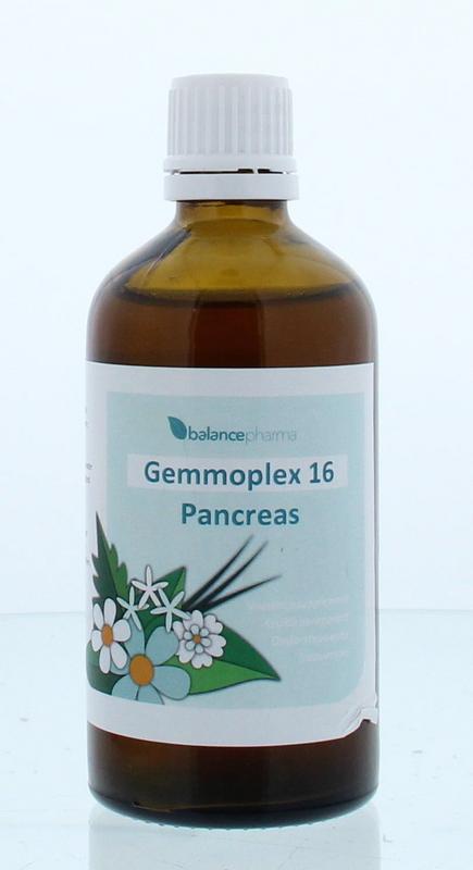 Balancepharma Gemmoplex pancreas herbal remedy in a 100ml bottle, shown with herbal ingredients and packaging.