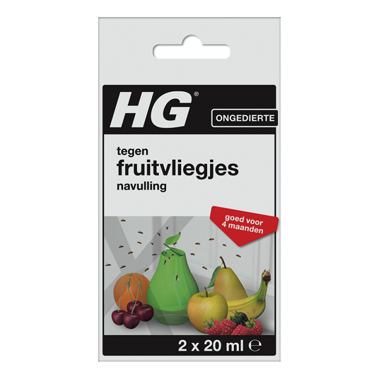HG X fruit fly trap refill in 20ml bottles, designed for pest control of fruit flies, shown in a clear image with two refill bottles.