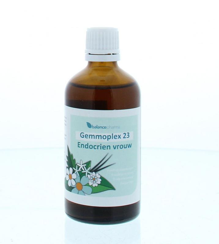 Balancepharma Gemmoplex Endocrien vrouw herbal supplement bottle, 100ml, featuring herbal ingredients for women's health.