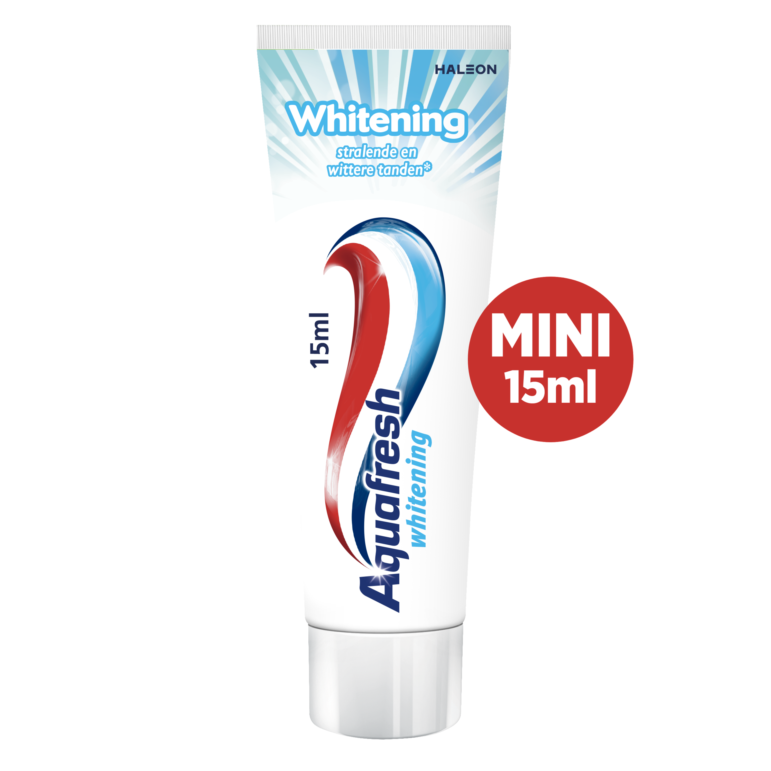 Aquafresh whitening toothpaste mini tube, 15ml, with blue, red, and white striped packaging and a flip-top cap.