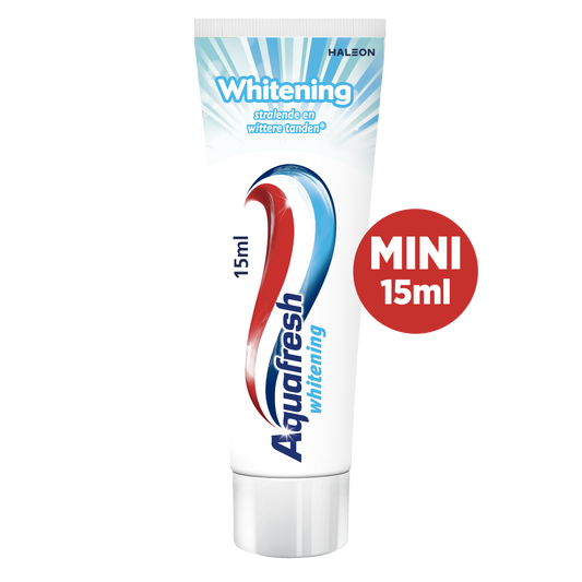 Aquafresh whitening toothpaste mini tube, 15ml, with blue, red, and white striped packaging and a flip-top cap.