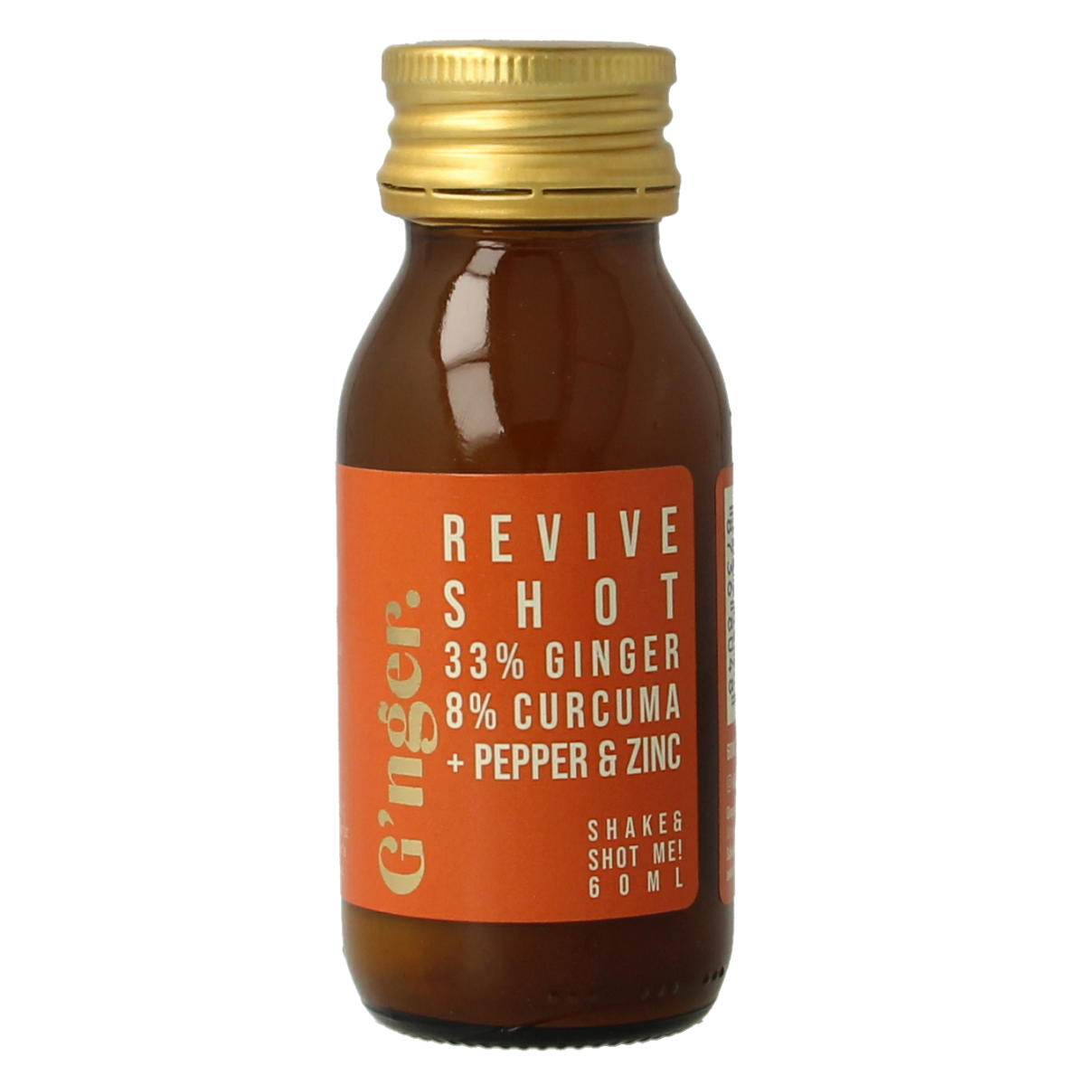 G'nger Shot ginger, turmeric, and fruit juice in 60ml bottle, natural G'nger brand drink for revitalization.
