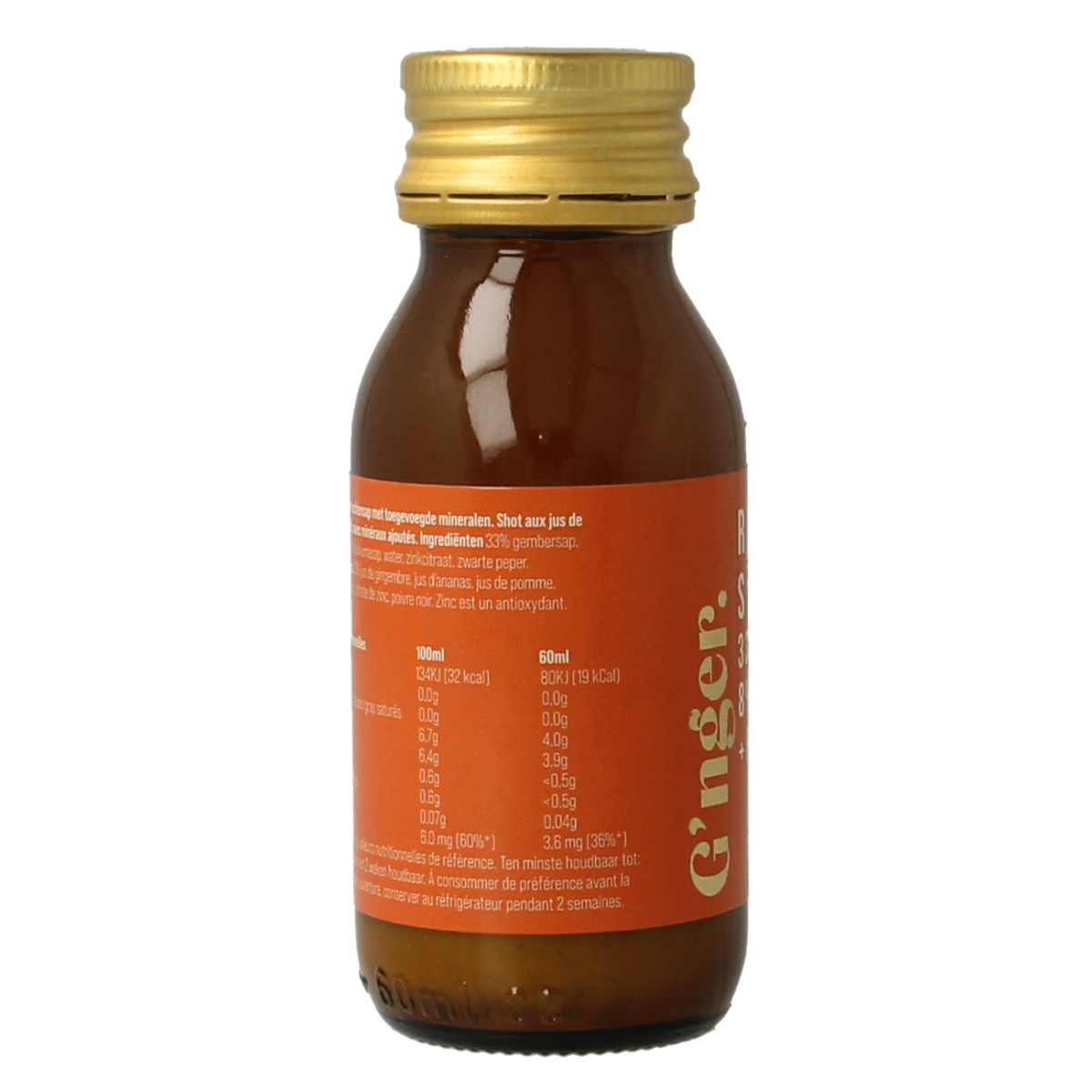 G'nger Shot ginger and turmeric juice in a 60ml bottle, natural health drink with fresh ingredients, branded G'nger.