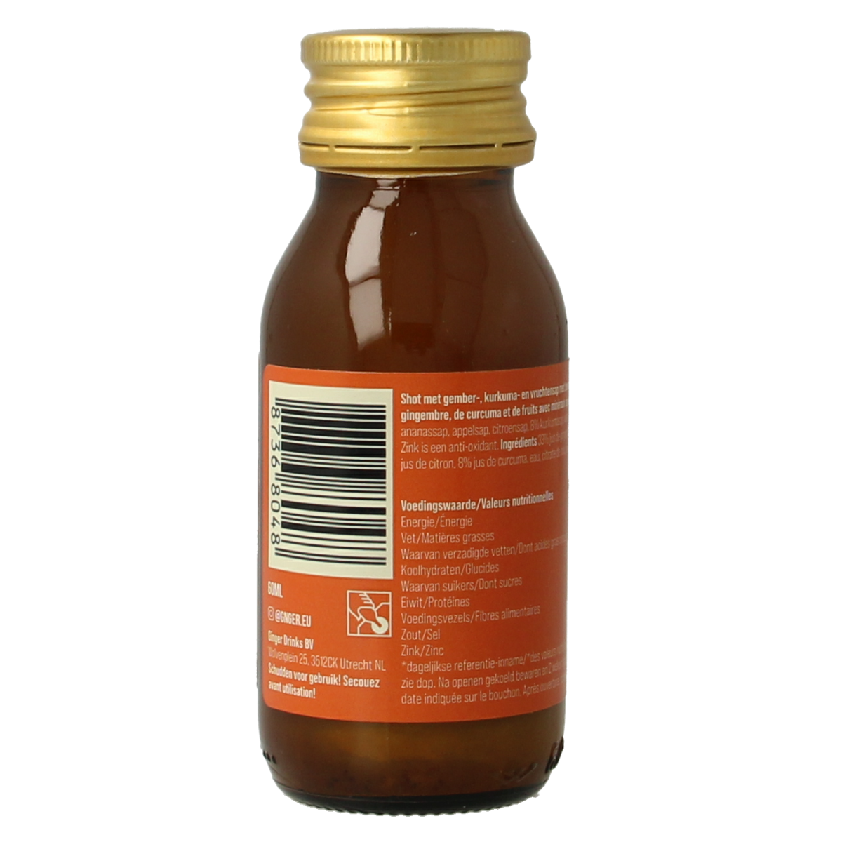 G'nger Shot ginger turmeric fruit juice in 60ml bottle, fresh and vibrant, from G'nger brand, for revitalizing health benefits.