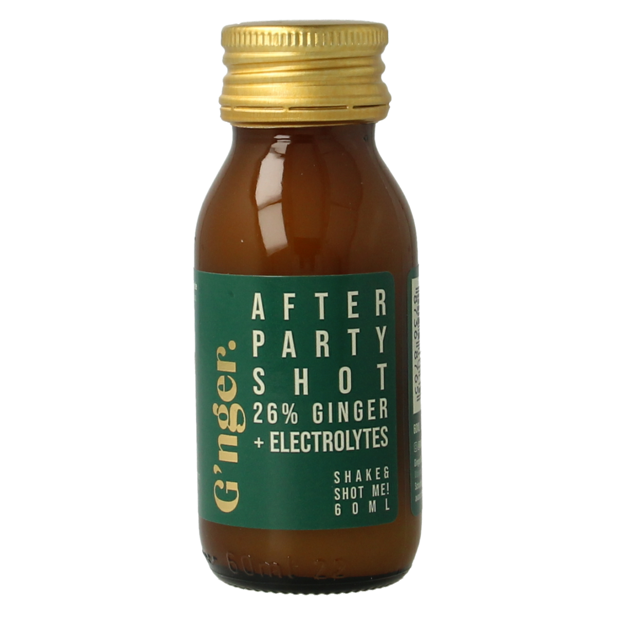 G'nger Shot ginger fruit juice recharge bottle, 60ml, showing the clear liquid inside and the G'nger branding on the label.