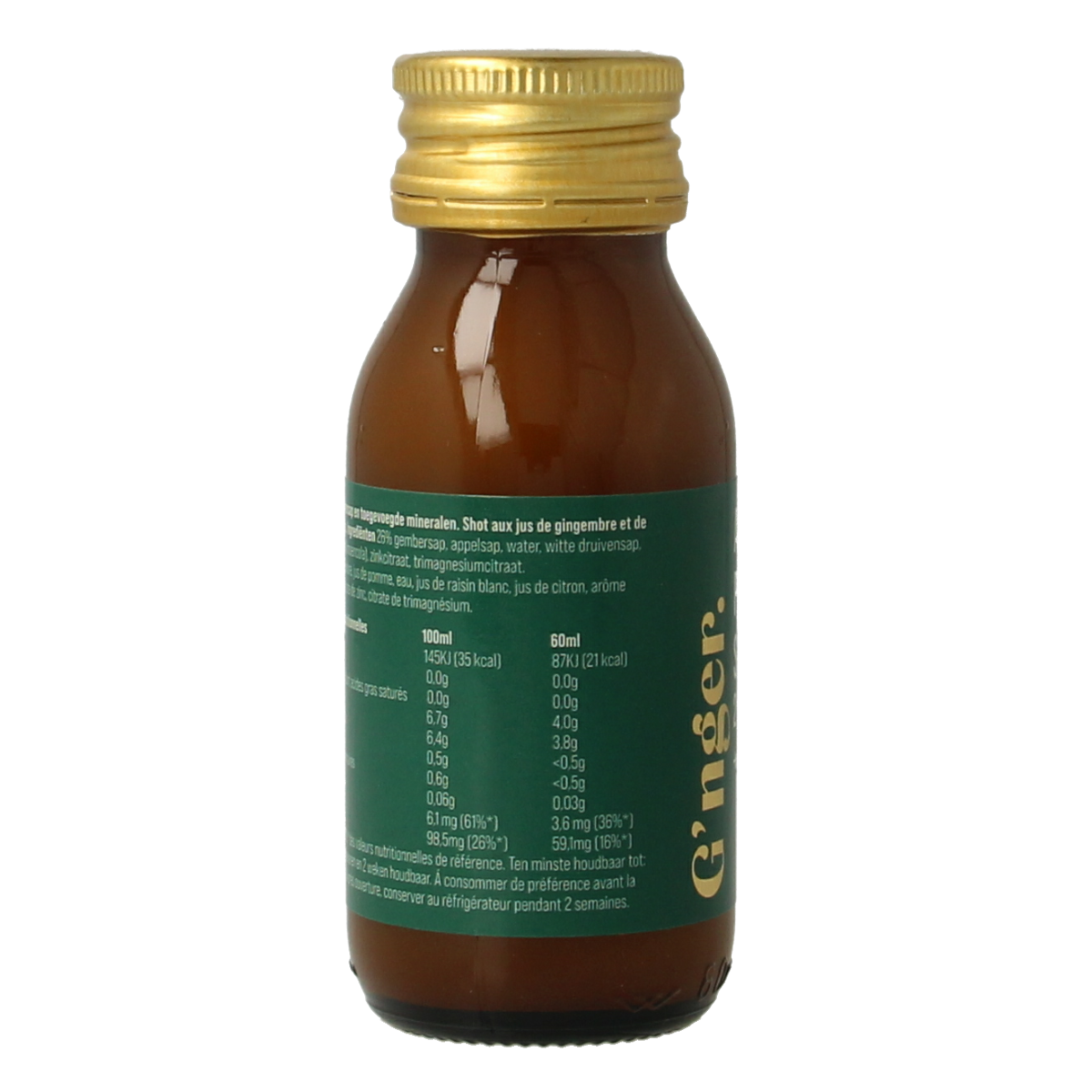 G'nger Shot ginger fruit juice bottle, 60ml, in clear container, showcasing fresh ginger and fruit ingredients.