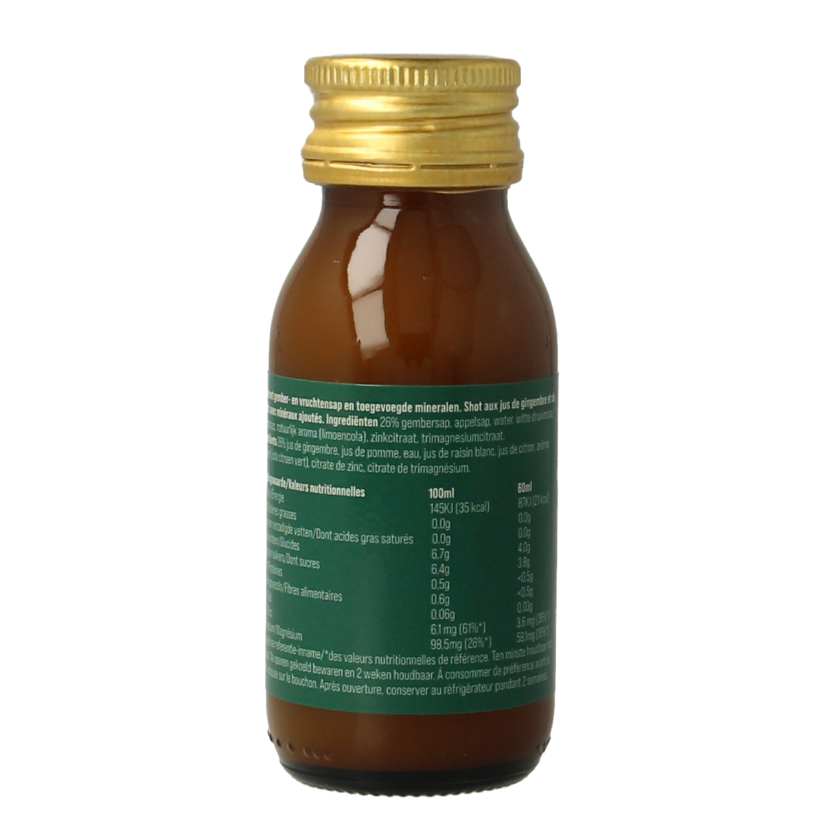 G'nger Shot ginger fruit juice recharge bottle, 60ml, in clear container showing fresh ginger and fruit ingredients