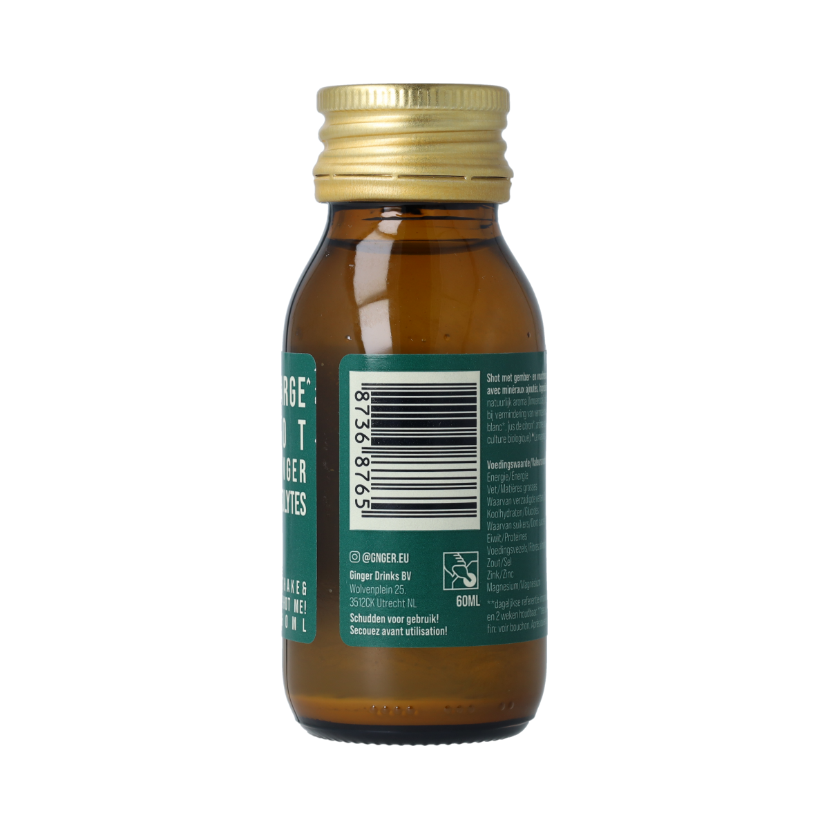 G'nger Shot ginger fruit juice recharge bottle, 60ml, in clear packaging with vibrant label, showcasing fresh ginger and fruit ingredients.