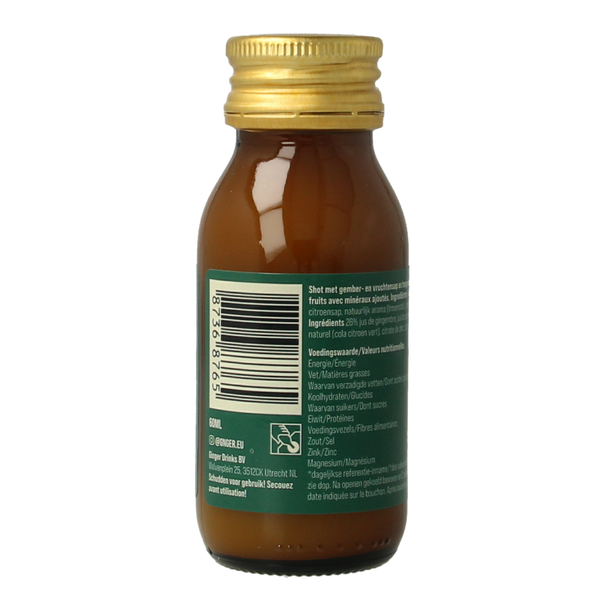 G'nger Shot ginger fruit juice bottle, 60ml, G'nger brand, showcasing the vibrant label and clear liquid inside.