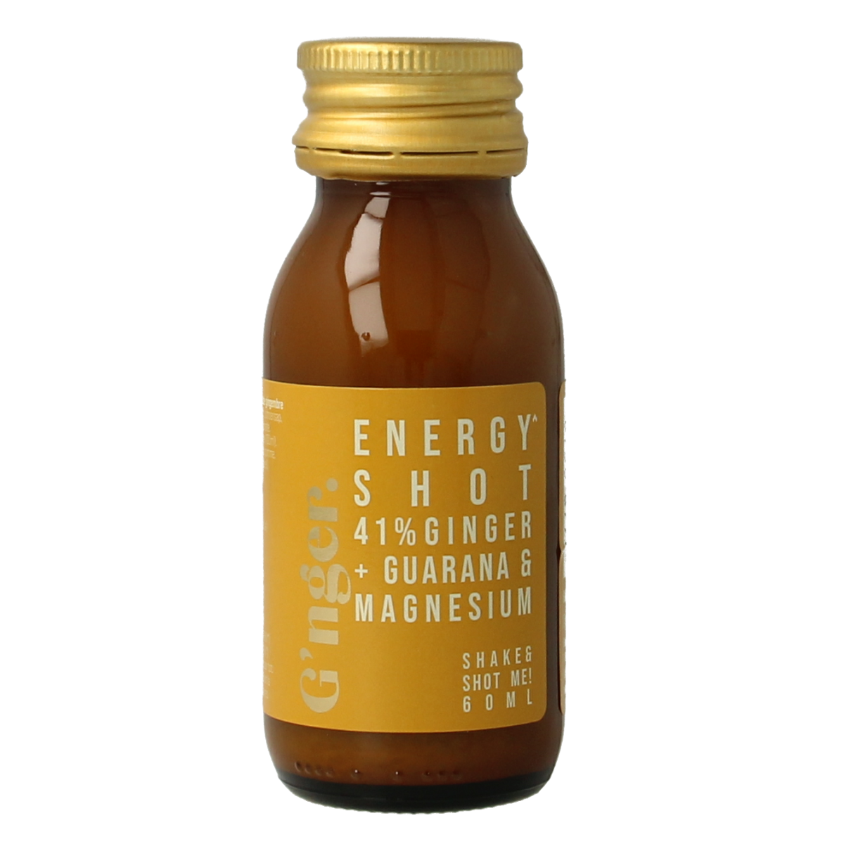 G'nger Shot ginger fruit juice with guarana energy drink, 60ml bottle, vibrant label and fresh fruit visuals