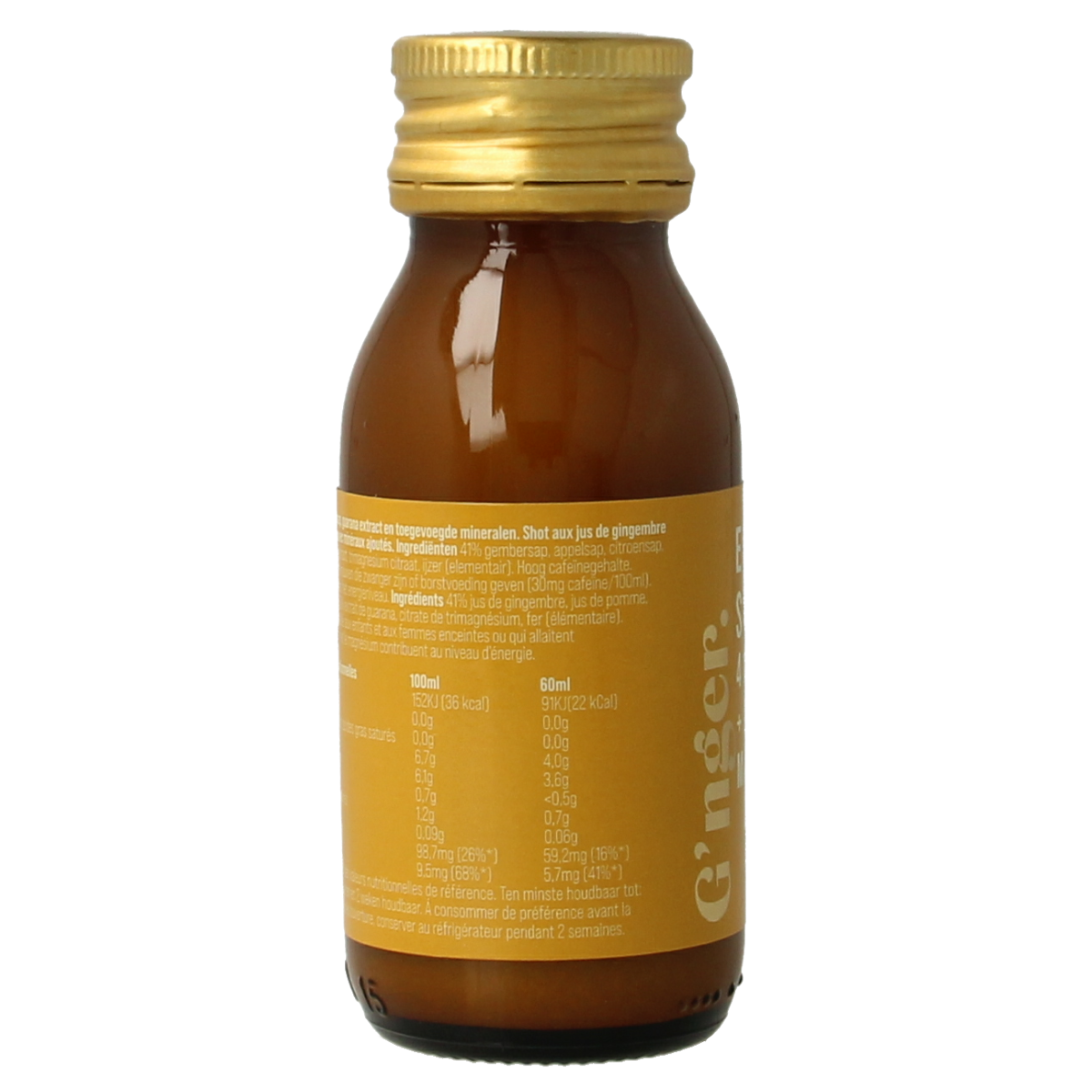 G'nger Shot ginger fruit juice with guarana energy drink, 60ml bottle, fresh ginger and fruit ingredients