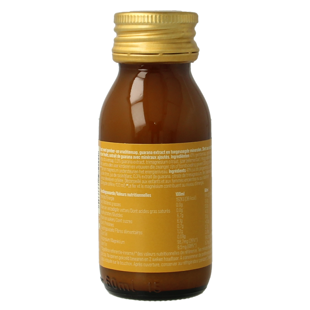 G'nger Shot ginger fruit juice with guarana energy drink in a 60ml bottle, vibrant packaging showcasing fresh ginger and fruit elements.