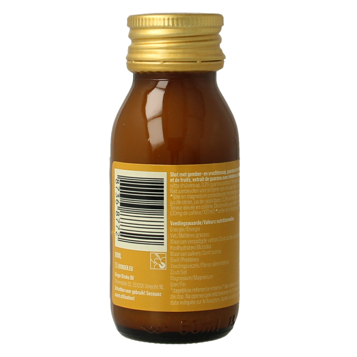 G'nger Shot ginger fruit juice with guarana energy drink in 60ml bottle, featuring fresh ginger and vibrant packaging.