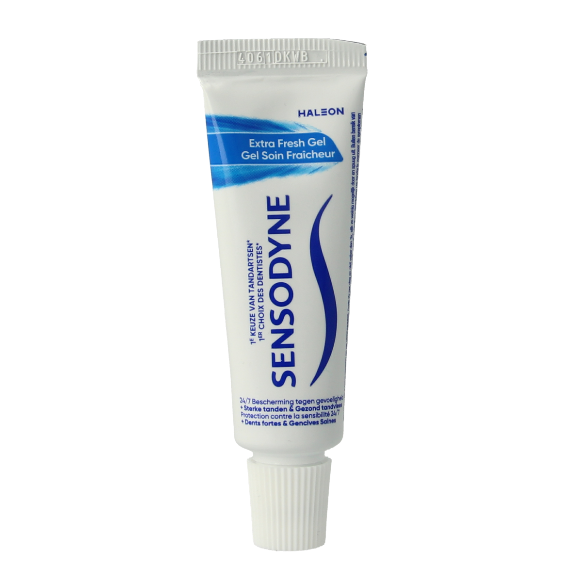 Sensodyne Extra Fresh Gel toothpaste mini 15ml tube, close-up of the Sensodyne brand packaging and product label.