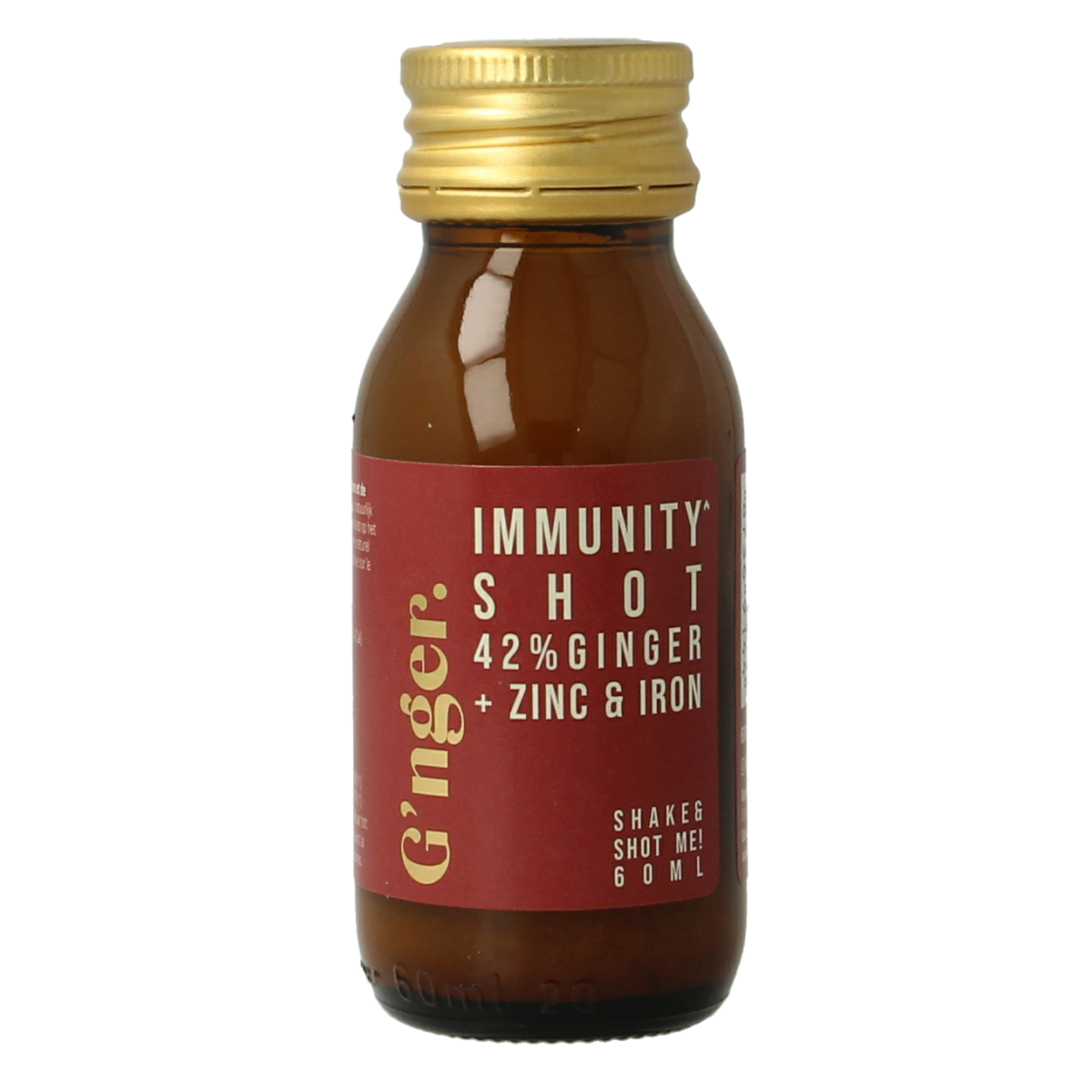 G'nger Shot gember vruchtensap immunity in 60ml bottle, featuring fresh ginger and fruit ingredients, for boosting immunity.