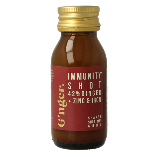 G'nger Shot gember vruchtensap immunity in 60ml bottle, featuring fresh ginger and fruit ingredients, for boosting immunity.