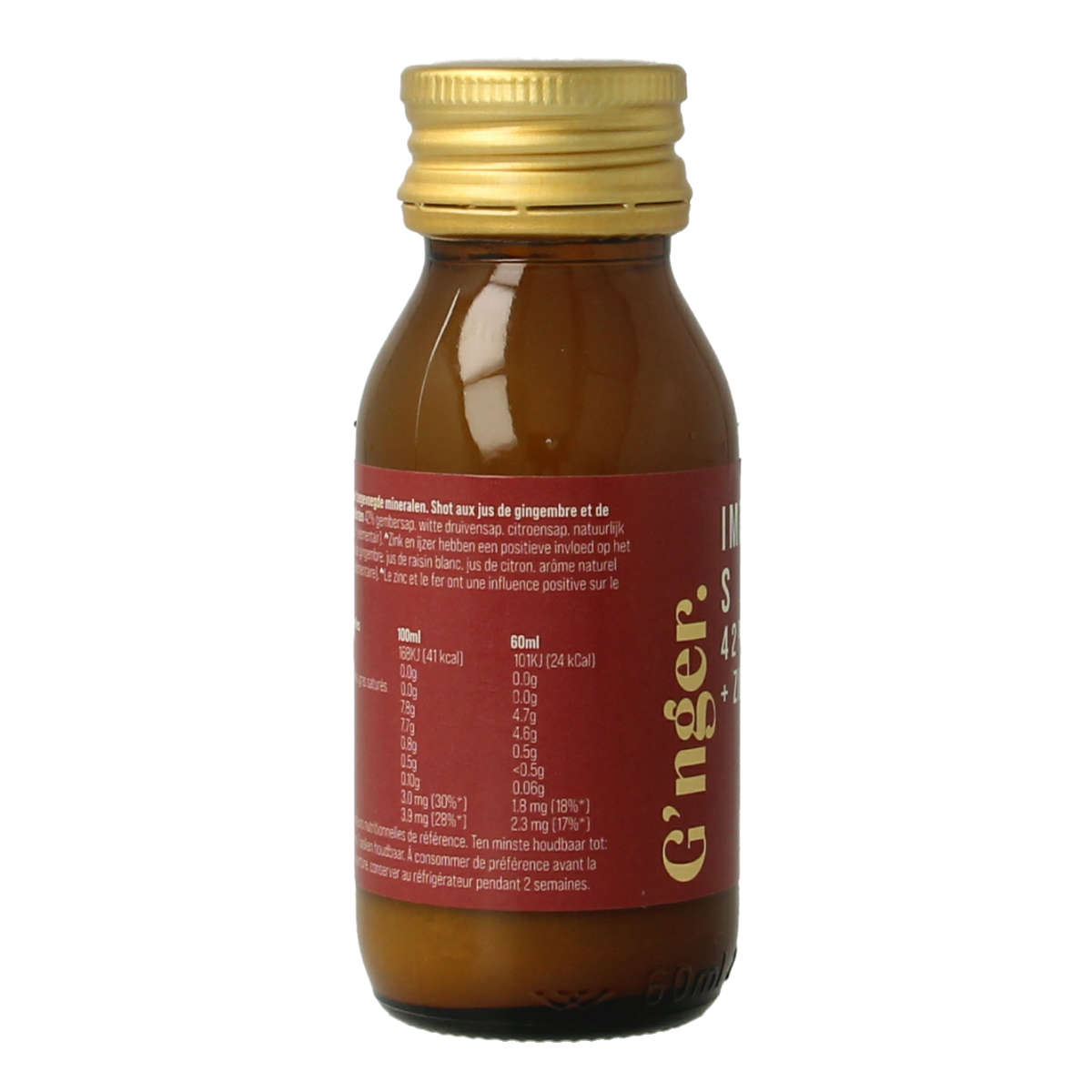 G'nger Shot ginger fruit juice bottle, 60ml, natural immunity booster, in clear packaging with branding visible.