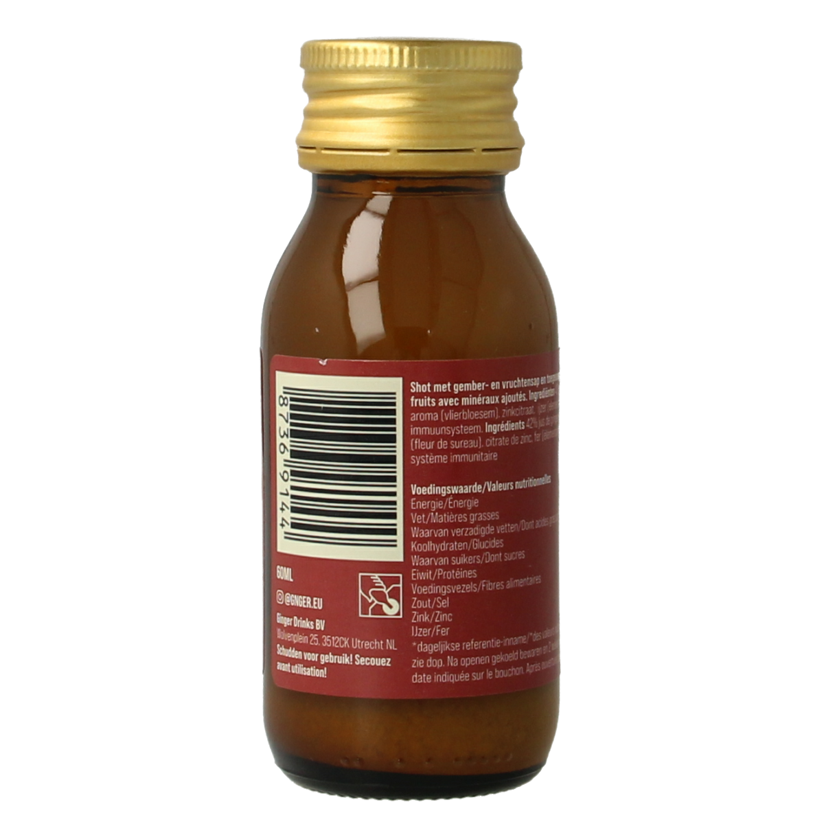 G'nger Shot ginger fruit juice immunity drink in a 60ml bottle, featuring fresh ginger and fruit ingredients.