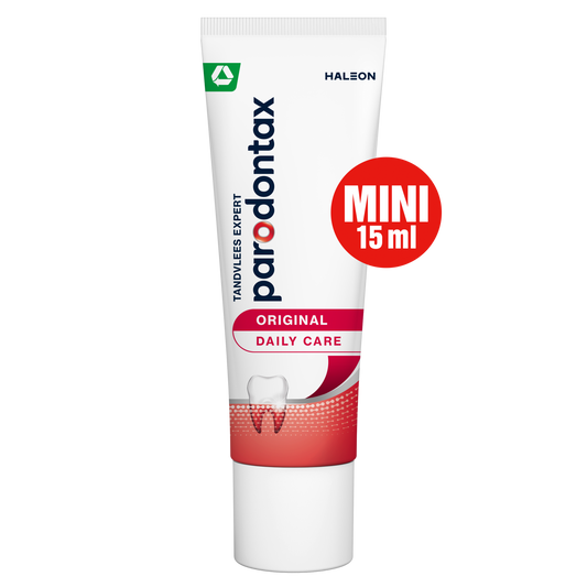 Parodontax daily fluoride toothpaste in a 15ml tube, designed for effective dental care and oral hygiene.