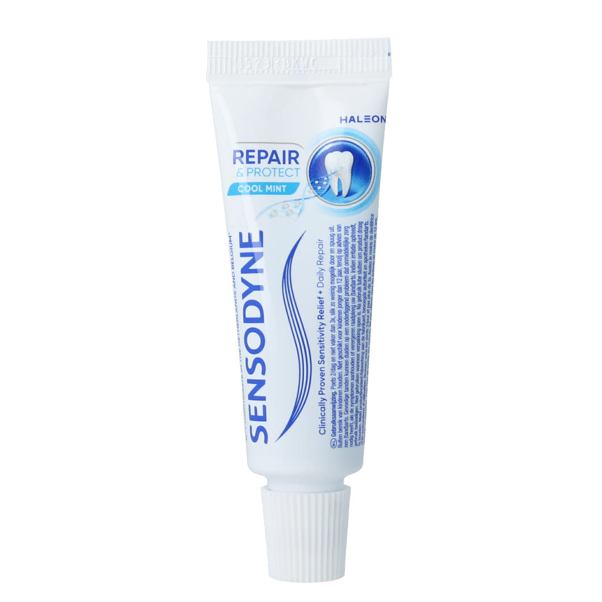 Sensodyne Repair & Protect mini toothpaste tube, 15ml, with white and blue packaging, designed for sensitive teeth.