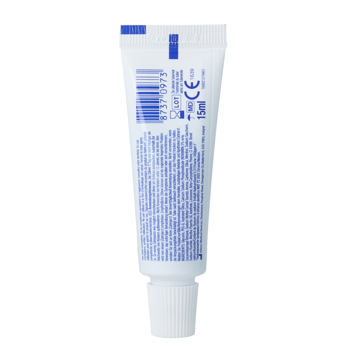 Sensodyne Repair & Protect mini toothpaste tube, 15ml, showing the toothpaste packaging with brand logo and product details.