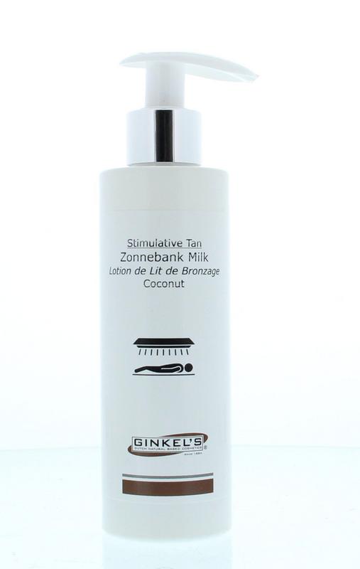 Ginkel's Zonnebank milk coconut lotion bottle, 200ml, with a tropical coconut design and pump dispenser.