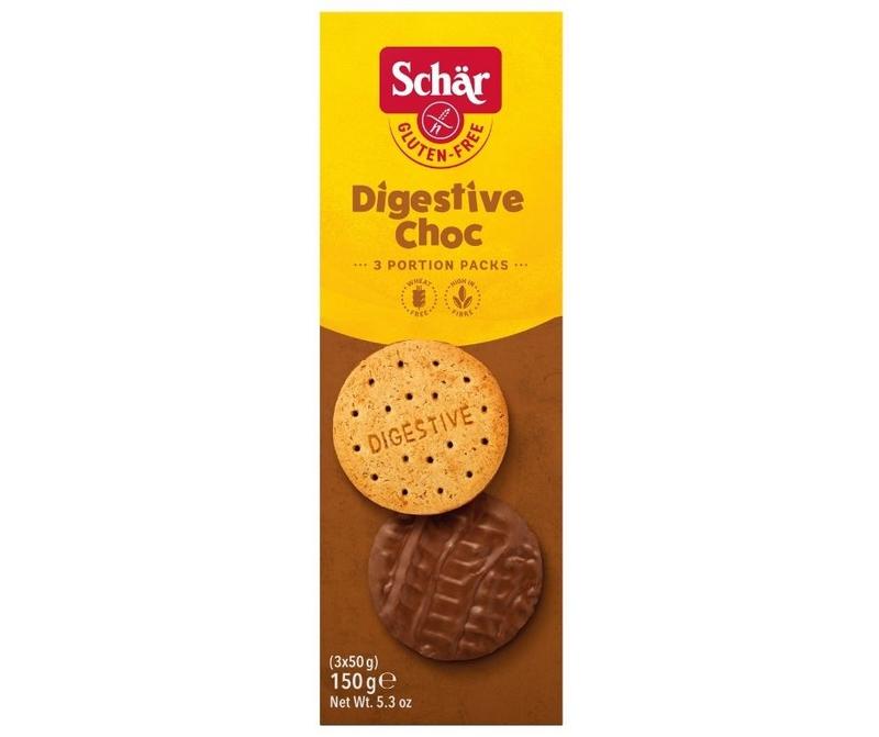 Schar Digestive chocolade glutenvrij koeken pack, 150g, showing golden-brown gluten-free chocolate-flavored biscuits.