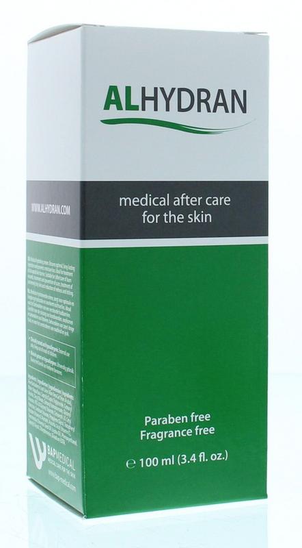 Alhydran Gel in 100ml bottle, a body care product with clear gel texture for skin hydration and nourishment.