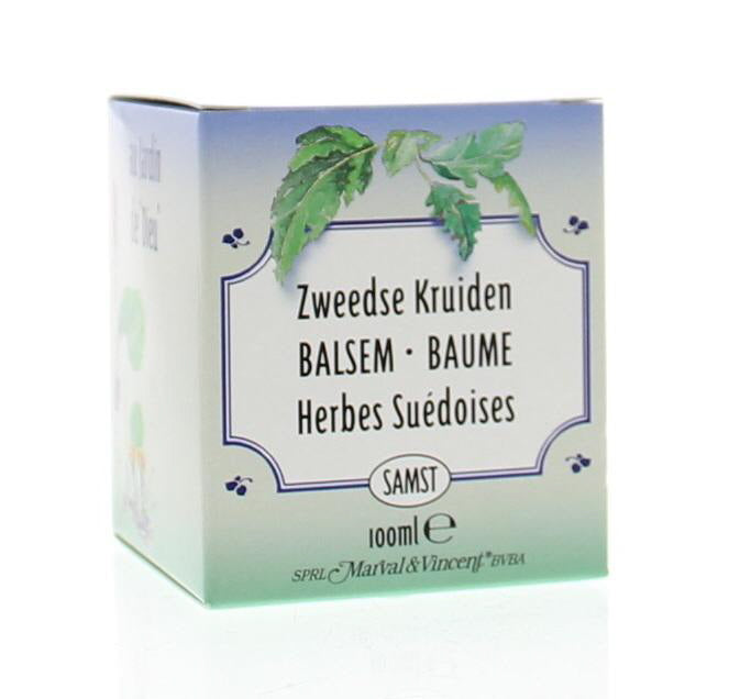 Marval&Vincent Zweedse kruiden balsem in 100g jar, natural body care cream with herbal ingredients, close-up of the product container