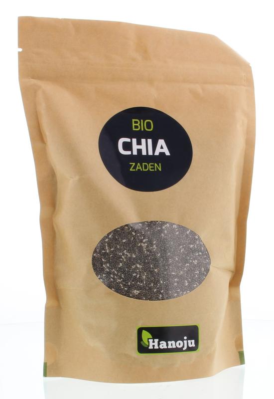 Hanoju organic chia seeds in a paper bag, 500 grams, raw superfood product with chia seeds visible inside the packaging.