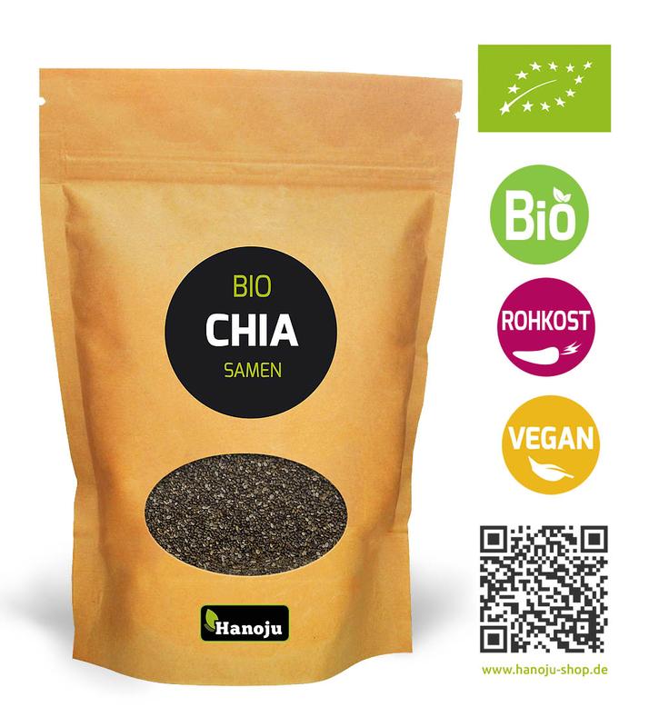 Hanoju organic chia seeds in paper bag, 1 kilogram, raw superfood product with chia seeds visible inside the packaging.