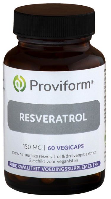 Proviform Resveratrol 150mg with 50mg grape seed extract in 60 vegetarian capsules, herbal supplement for antioxidant support.