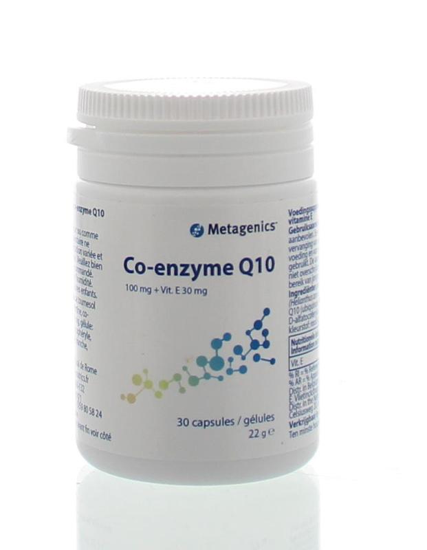 Metagenics Coenzyme Q10 100mg capsules, a dietary supplement for energy support, shown in a bottle with 30 capsules.
