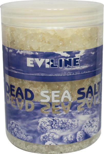 Evi Line Dode Zee Zout Bad en Douche pot, 1 kg, containing coarse sea salt for bathing and showering, in a clear container.