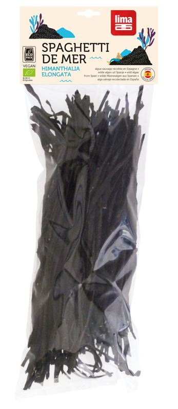 Lima Zee organic spaghetti in 50g package, with fresh potatoes, vegetables, and fruit displayed beside the product.