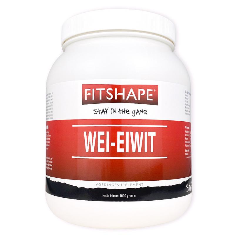 Fitshape Wei Eiwit Banaan aminozuren supplement in 1kg bag, showing the protein powder packaging with banana flavor branding