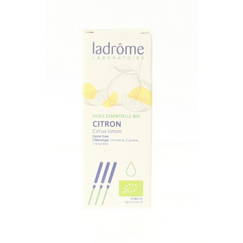 Ladrome Citroen bio oil bottle, 10ml, herbal preparation with natural lemon citrus extract, in a transparent glass container.