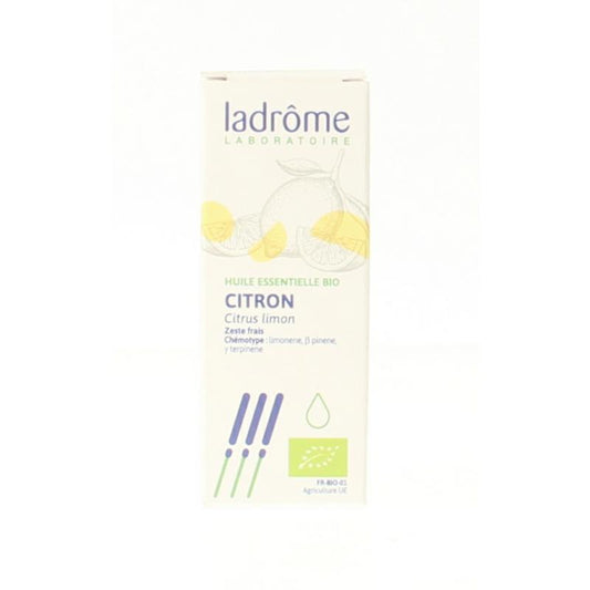 Ladrome Citroen bio oil bottle, 10ml, herbal preparation with natural lemon citrus extract, in a transparent glass container.