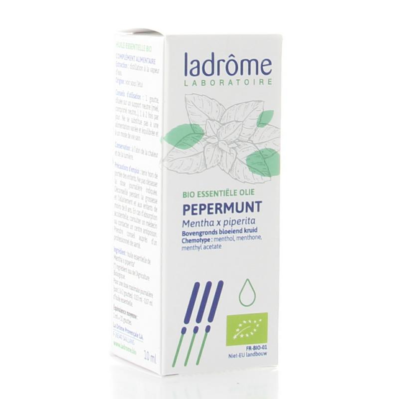 Ladrome organic peppermint oil in a 10ml bottle, herbal supplement for flavoring and aromatherapy, with a green label.