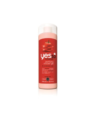Yes To Tomatoes douchegel bottle, 500ml, with a clean design and label showcasing natural ingredients and product branding.