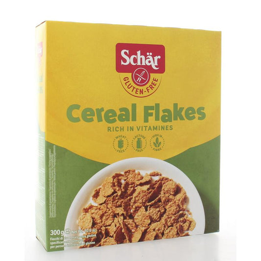 Schar gluten-free cereal flakes in a 300g package, breakfast grains with a crispy texture and natural appearance in a bowl