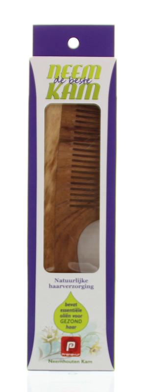 Holisan neem houten kam with a handle, fine teeth for haircare, displayed in a natural setting.