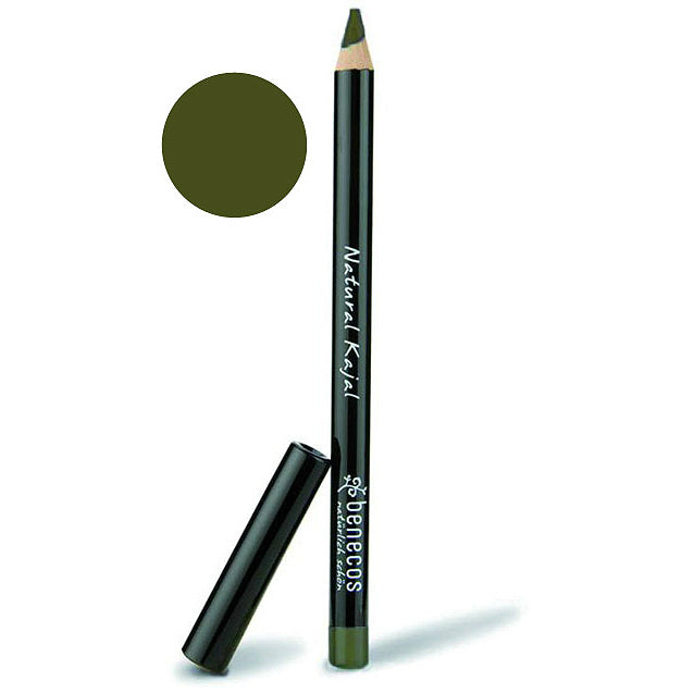Benecos natural beauty kajal eye pencil in olive green, natural makeup product, showing the pencil tip and packaging.