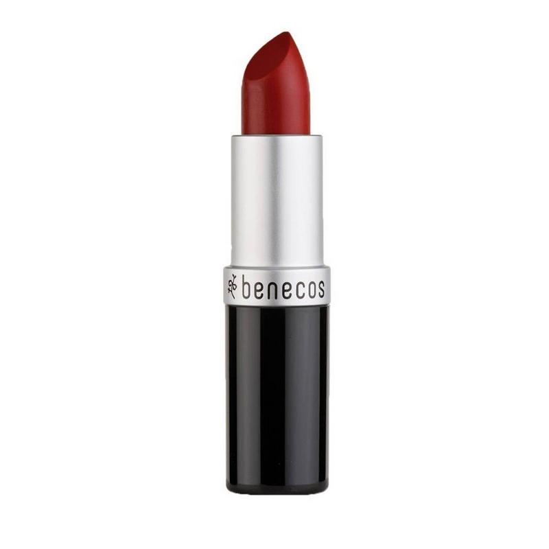 Benecos Natural Beauty hot pink lipstick, close-up of the makeup product showing vibrant color and sleek packaging.
