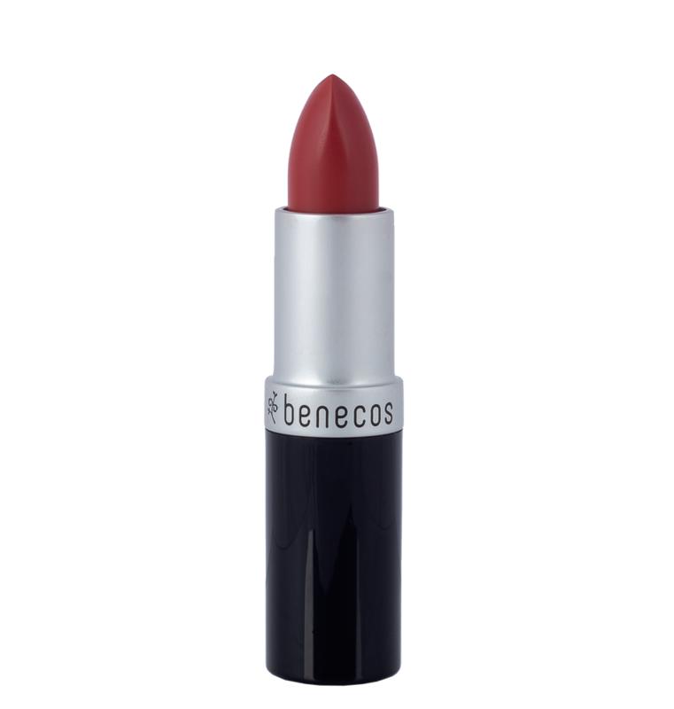 Benecos Natural Beauty soft coral lipstick in make-up, featuring a smooth, vibrant coral shade and sleek packaging.